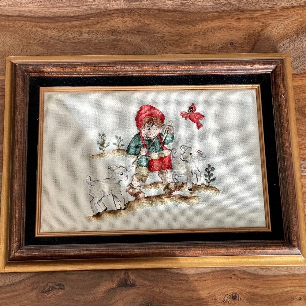 Vintage Cross-stitch Little Drummer Boy framed Handmade Holiday Decoration